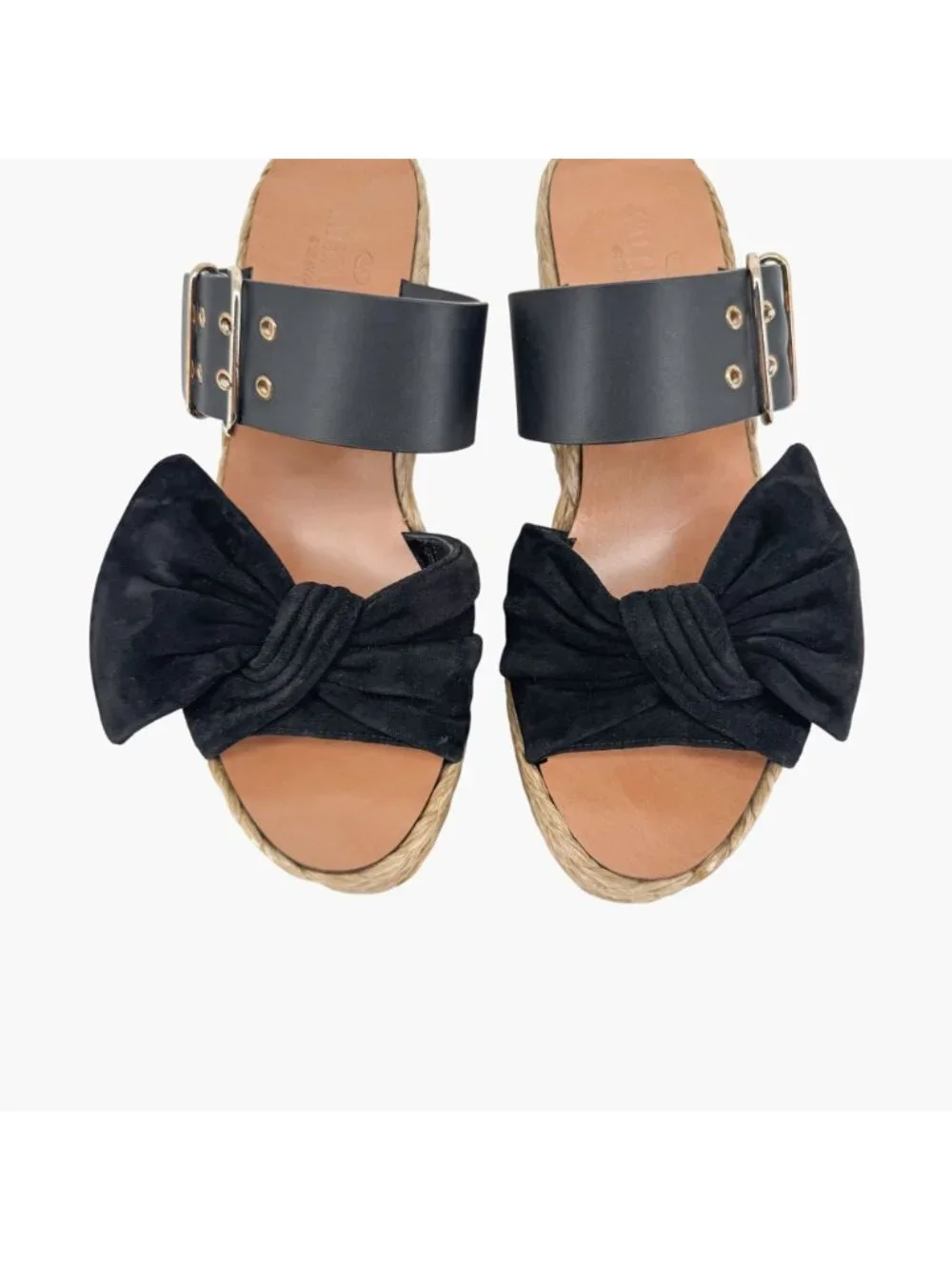 Valentino Black Suede Bow Braided Raffia Espadrille Wedge Sandals Size 38 US 8